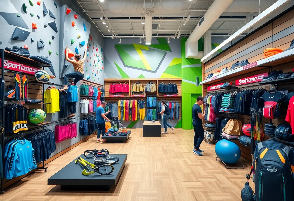 Interactive sports retail space with climbing wall