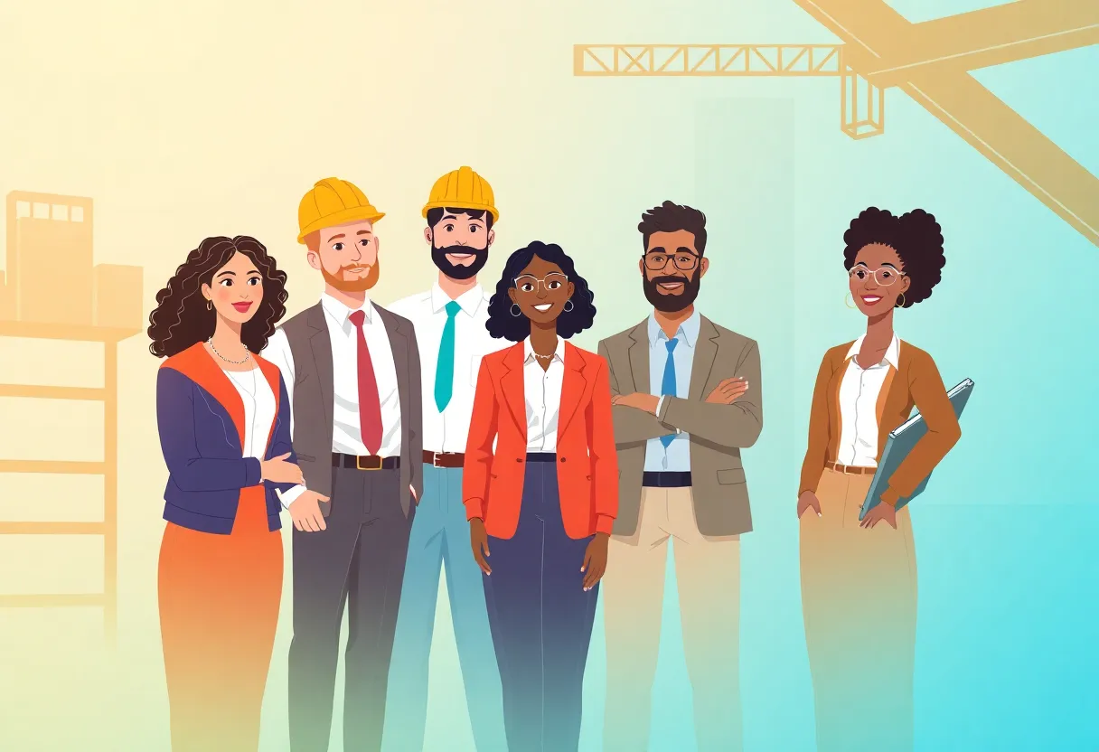 Illustration of diverse business professionals working together in a construction environment.