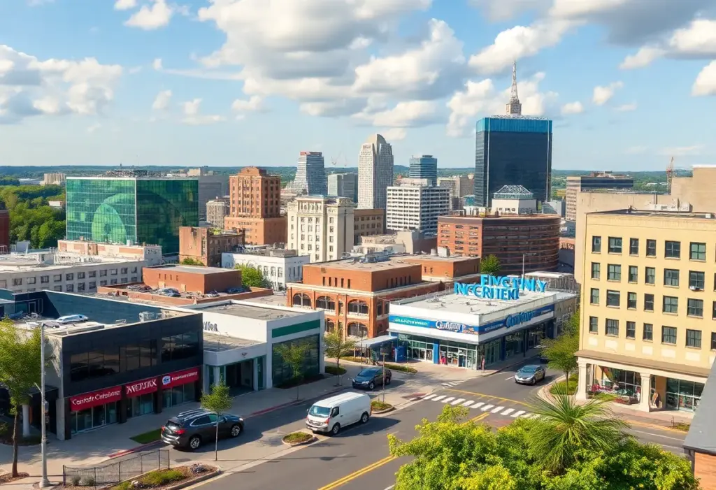 A bustling city scene illustrating economic growth in North Carolina.
