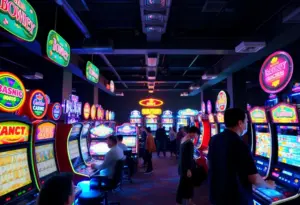 Interior of an unregulated electronic gaming room resembling a casino with patrons playing games.