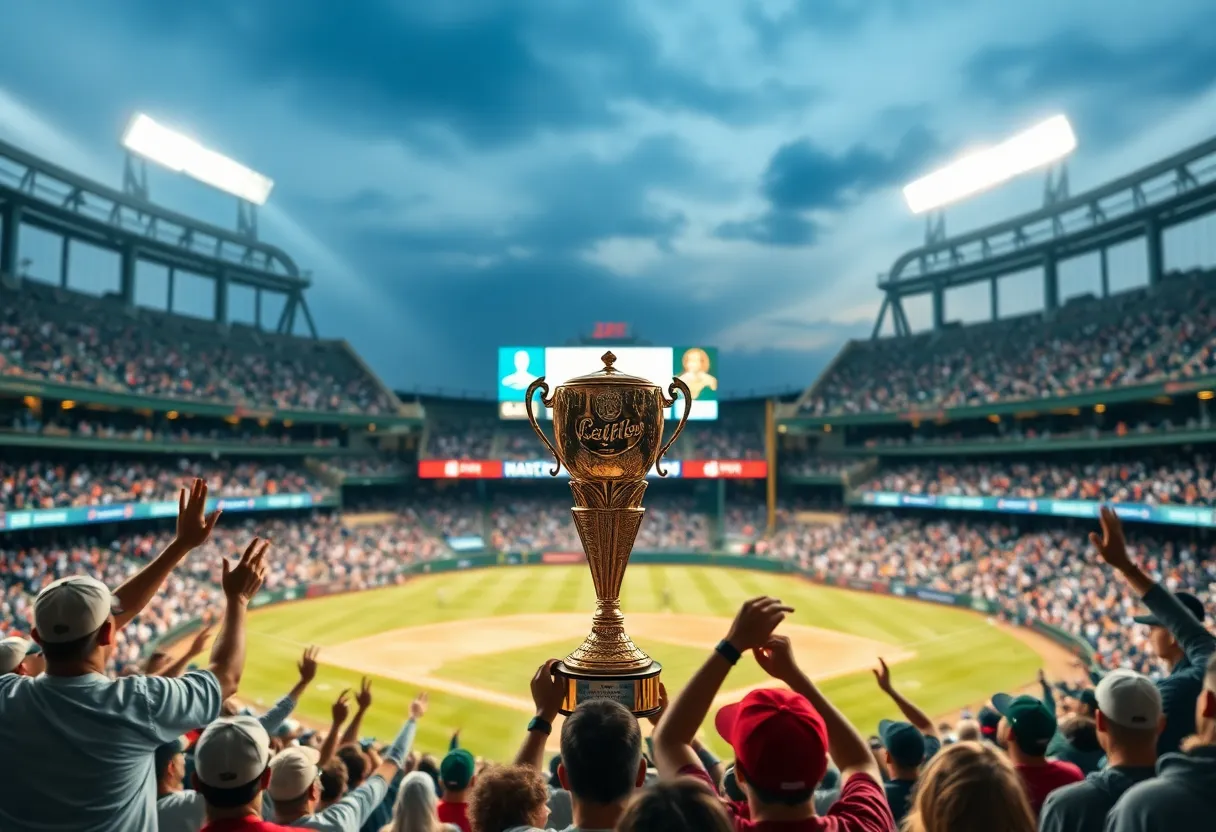 Celebration scene at a baseball stadium for Elliott Avent's award.