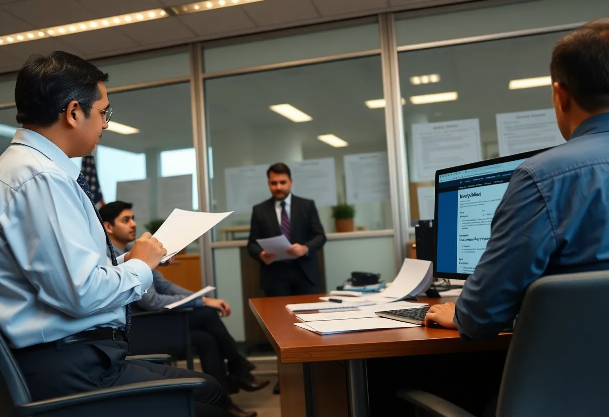Federal employees in an office discussing unemployment benefits