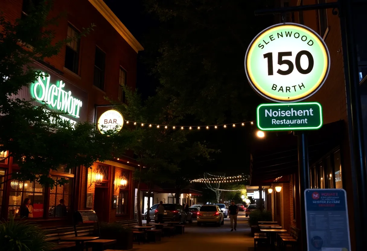 Glenwood South neighborhood in Raleigh at night, depicting bars and restaurants.