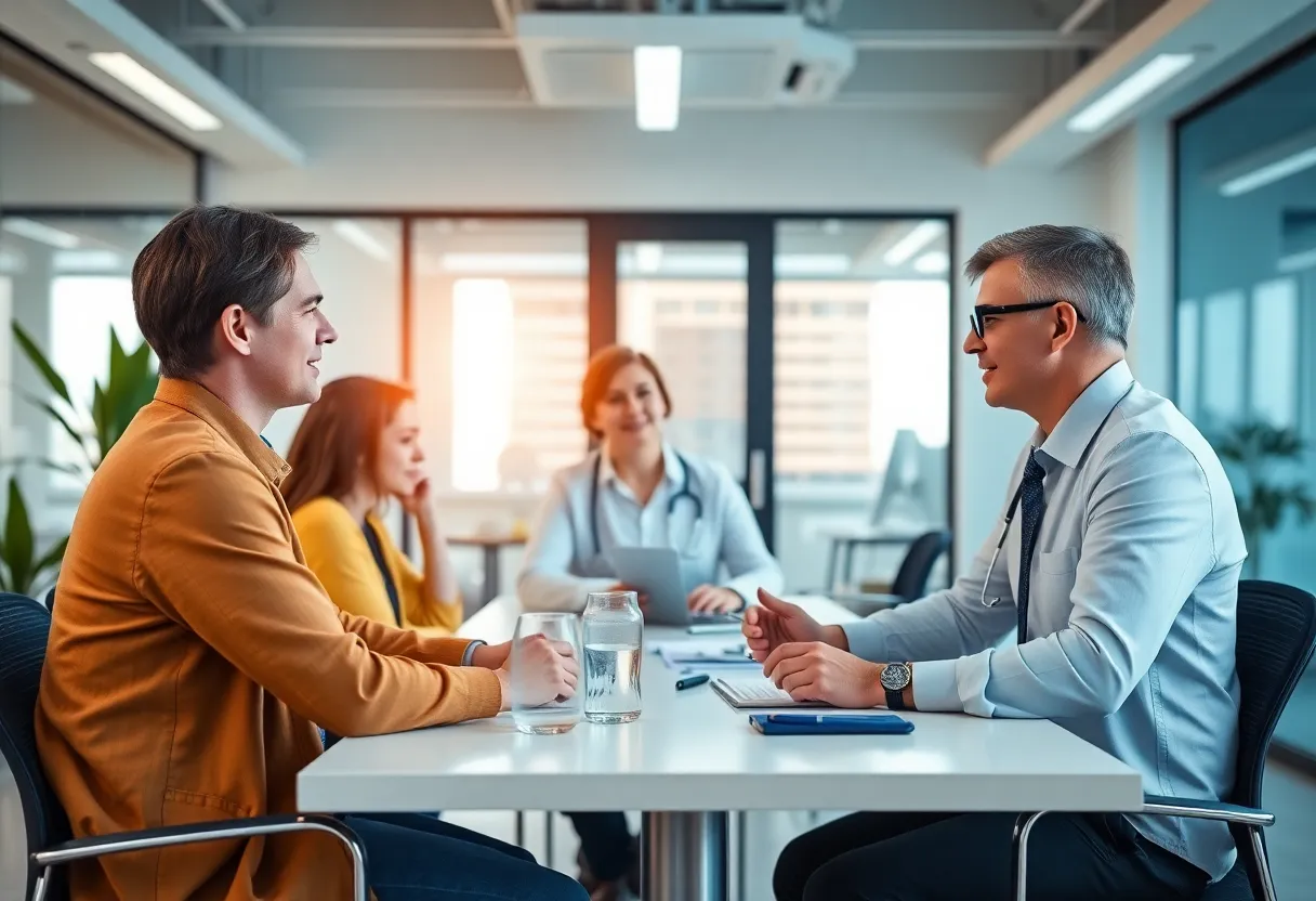 Team discussing healthcare consulting strategies in an office