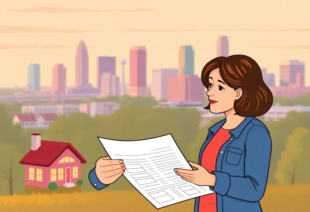 First-time homebuyer reviewing home appraisal documents with Raleigh skyline.