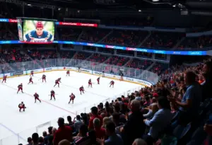Players celebrating after the Hurricanes' victory in their season opener against the Devils.