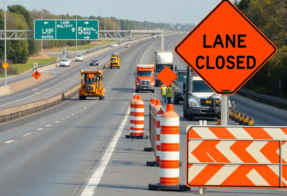 Construction zone on I-57 showing lane closures and detour signs.