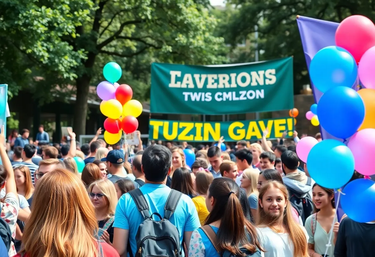 Students celebrating at MrBeast's tuition giveaway event at UNC Chapel Hill