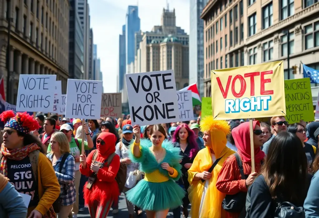 Participants at the No Kings Protest in Raleigh showing signs and colorful costumes