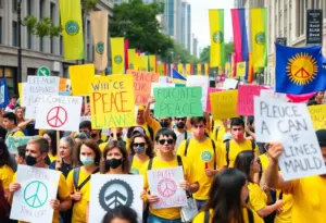 Participants of No Kings protests holding signs and wearing yellow shirts