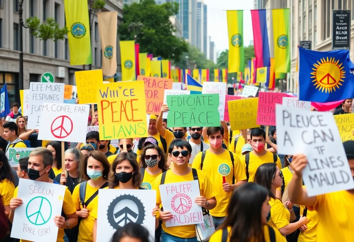 Participants of No Kings protests holding signs and wearing yellow shirts