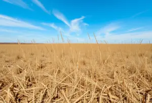 Dry grasslands in North Carolina under a clear sky, representing fire danger conditions.