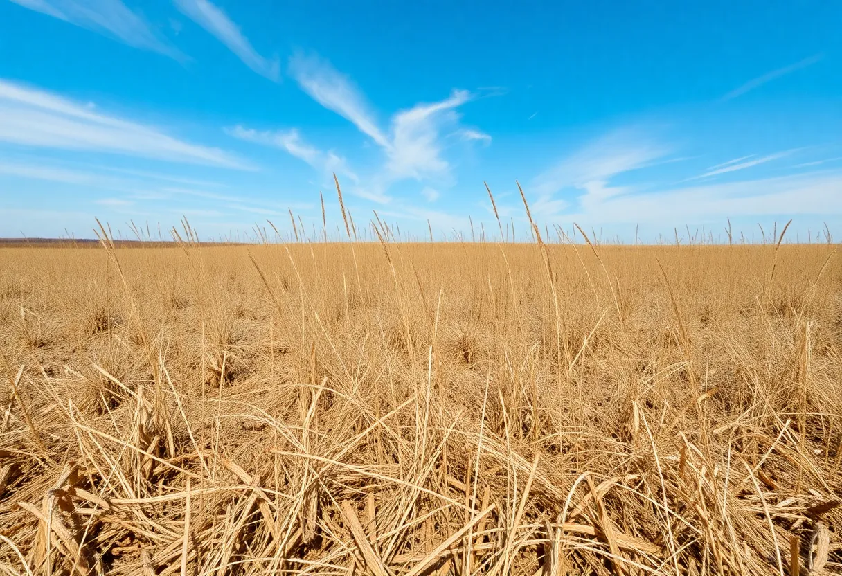 Dry grasslands in North Carolina under a clear sky, representing fire danger conditions.