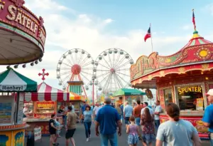 Visitors enjoying the North Carolina State Fair with rides and food stands