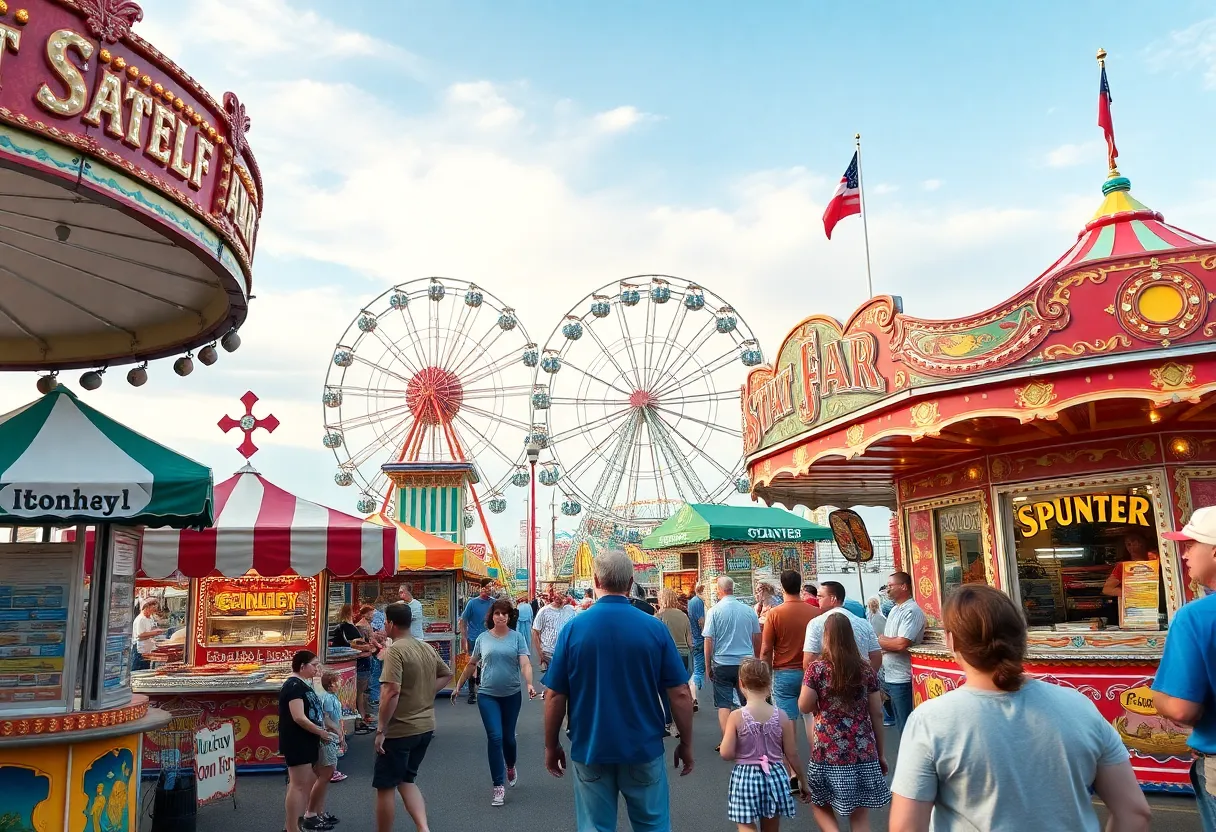 Visitors enjoying the North Carolina State Fair with rides and food stands