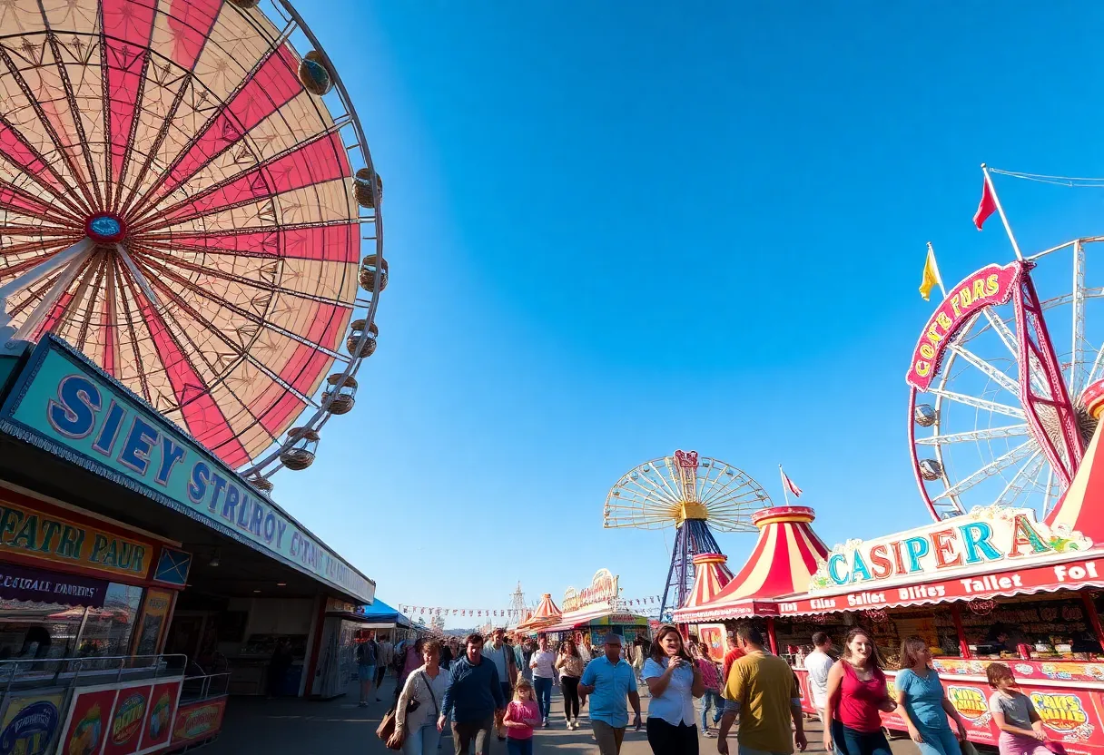 Visitors enjoying the North Carolina State Fair with rides and food stalls.