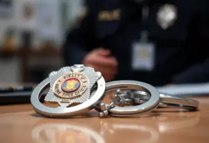 A police badge and handcuffs on a desk with a blurred police station in the background.