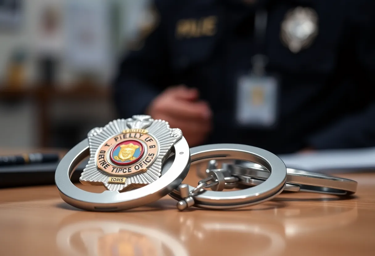 A police badge and handcuffs on a desk with a blurred police station in the background.