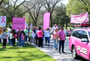 Community event for breast cancer awareness in Raleigh with activities and a pink patrol car.