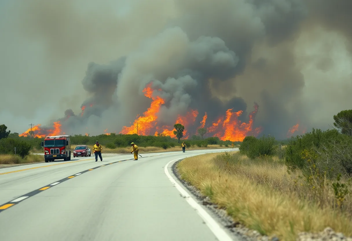 Brush fires along I-540 in Raleigh with emergency response crews present.