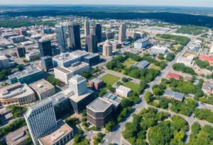 Aerial view of Raleigh showing business growth and greenery
