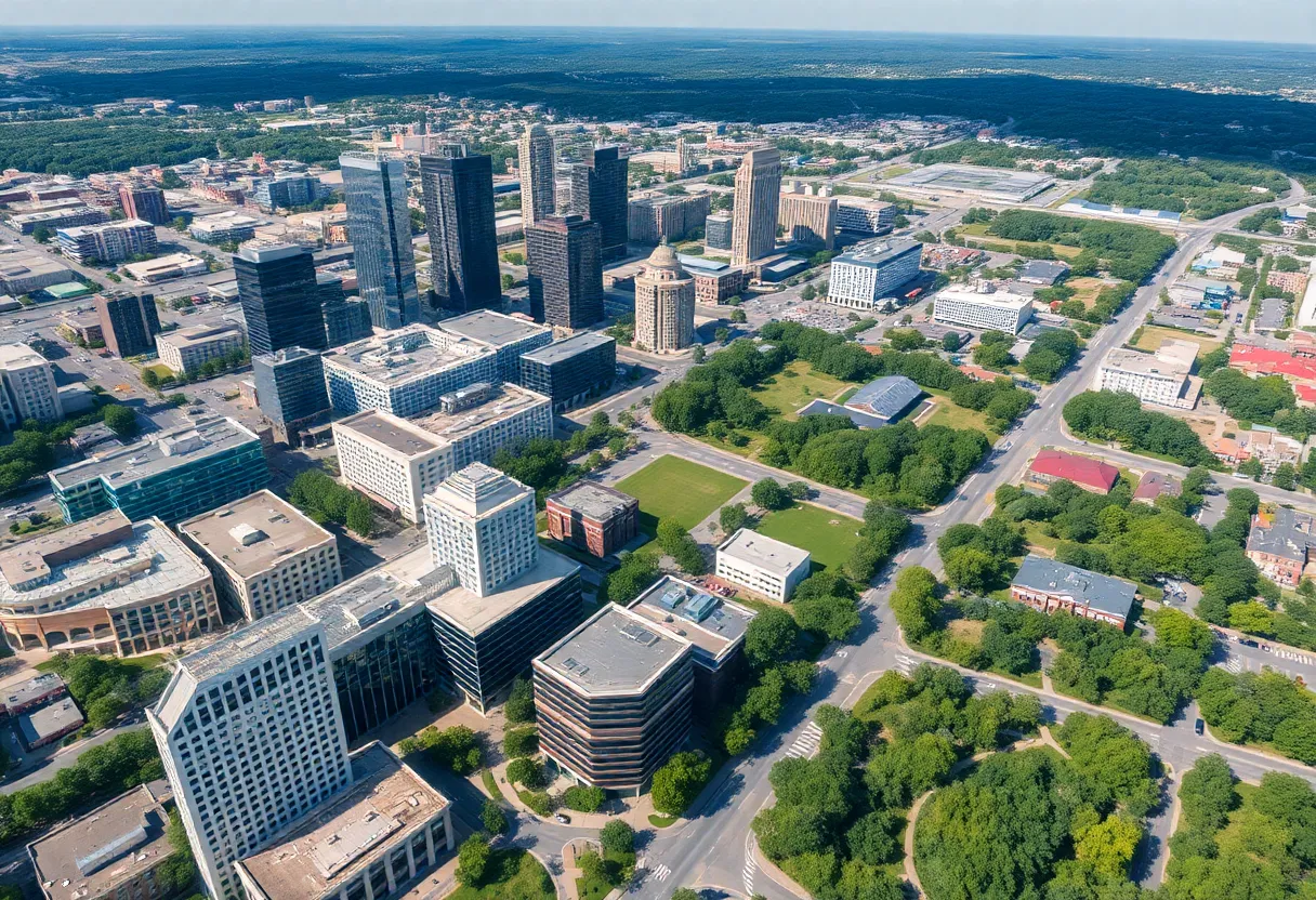 Aerial view of Raleigh showing business growth and greenery