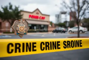 Image depicting a police badge and crime scene tape at a business location