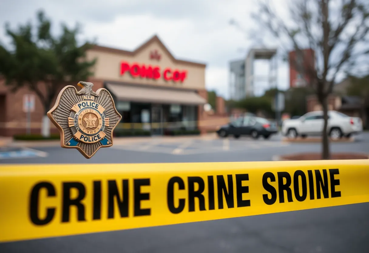 Image depicting a police badge and crime scene tape at a business location