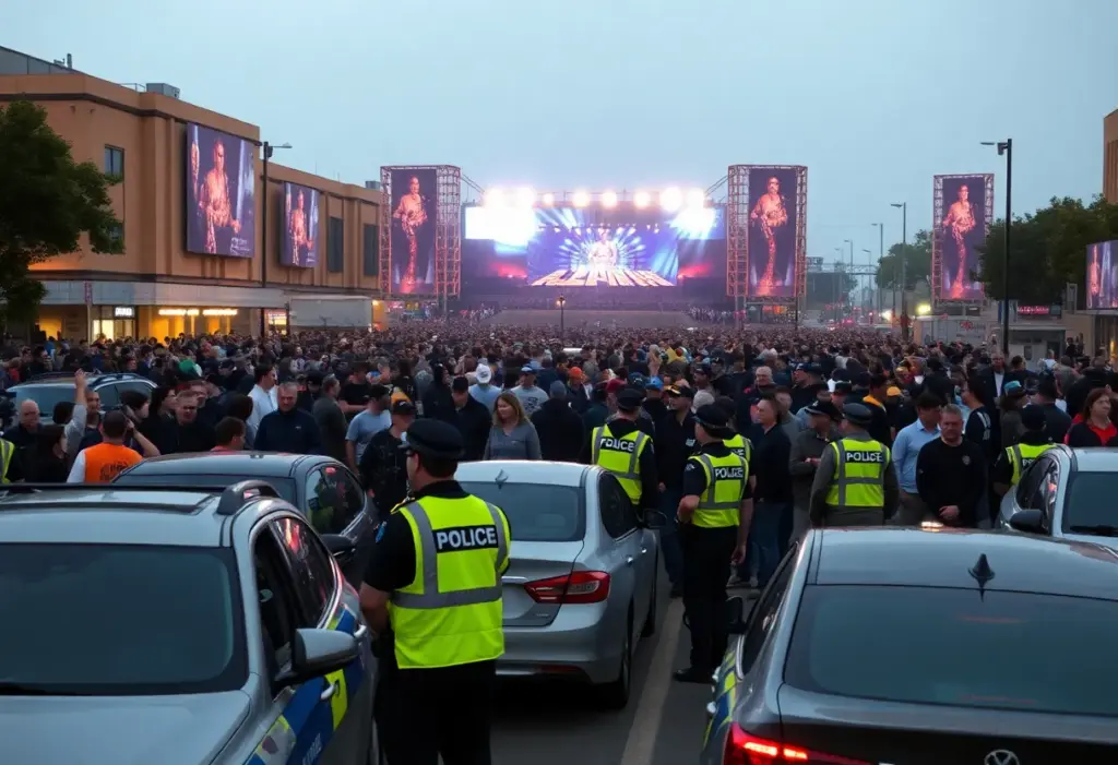 Crowd outside Lenovo Center during a concert with police presence