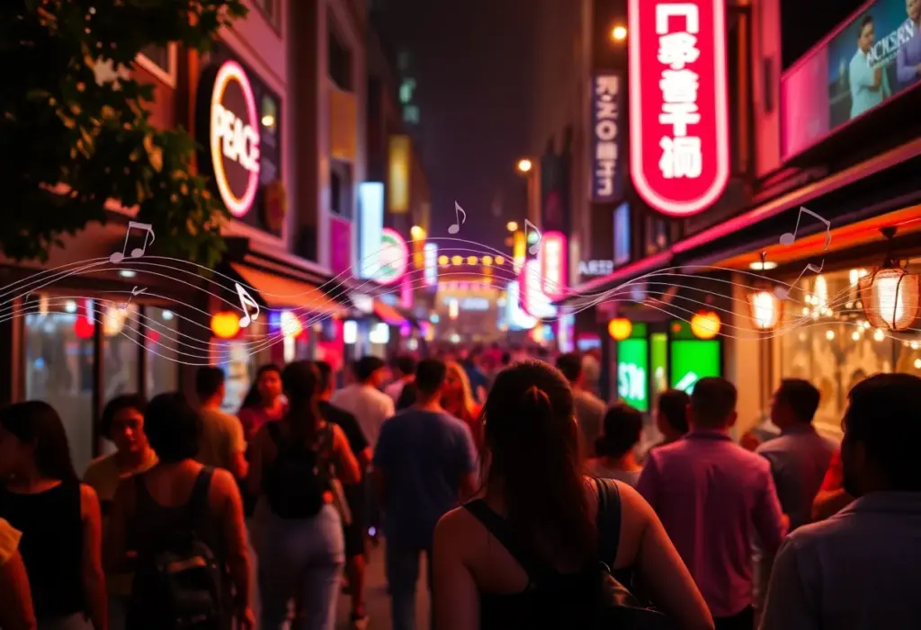 A lively urban entertainment area showcasing the essence of nightlife amidst sound regulation.