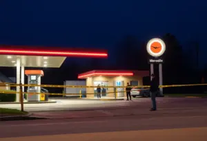 Police scene at a gas station in Raleigh after a shooting incident