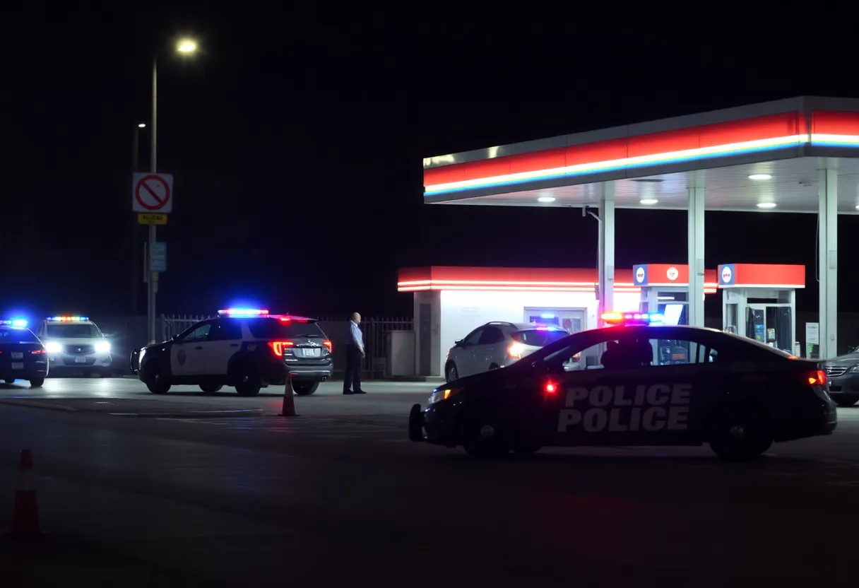 Police investigation at a Raleigh gas station following a shooting incident.
