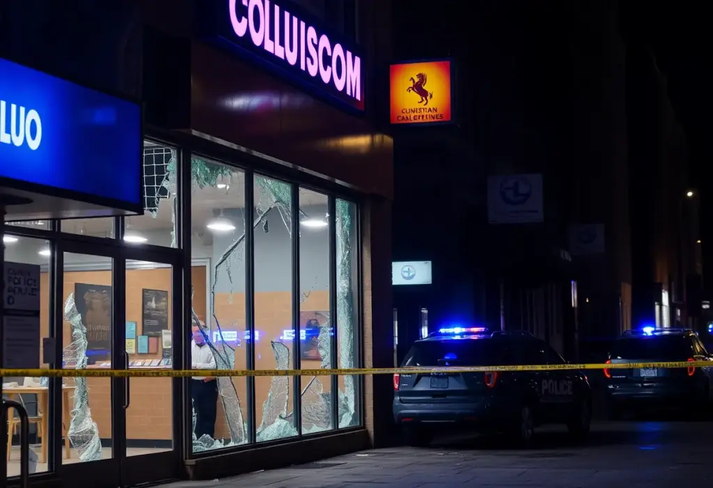Damaged storefront after gunfire in Raleigh.