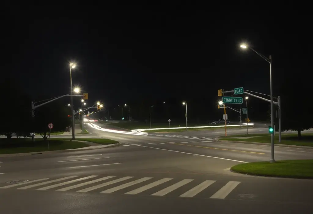 View of Edwards Mill Road and Trinity Road in Raleigh, North Carolina at night