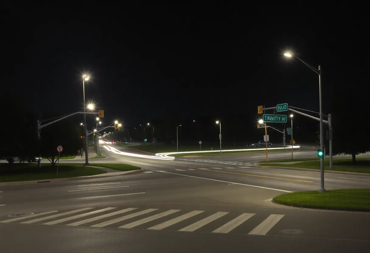 View of Edwards Mill Road and Trinity Road in Raleigh, North Carolina at night