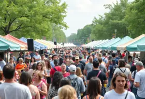People enjoying the Raleigh music festival with various musical performances and vendor stalls.