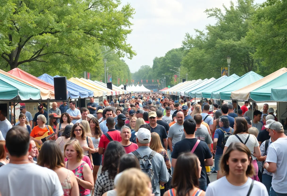 People enjoying the Raleigh music festival with various musical performances and vendor stalls.