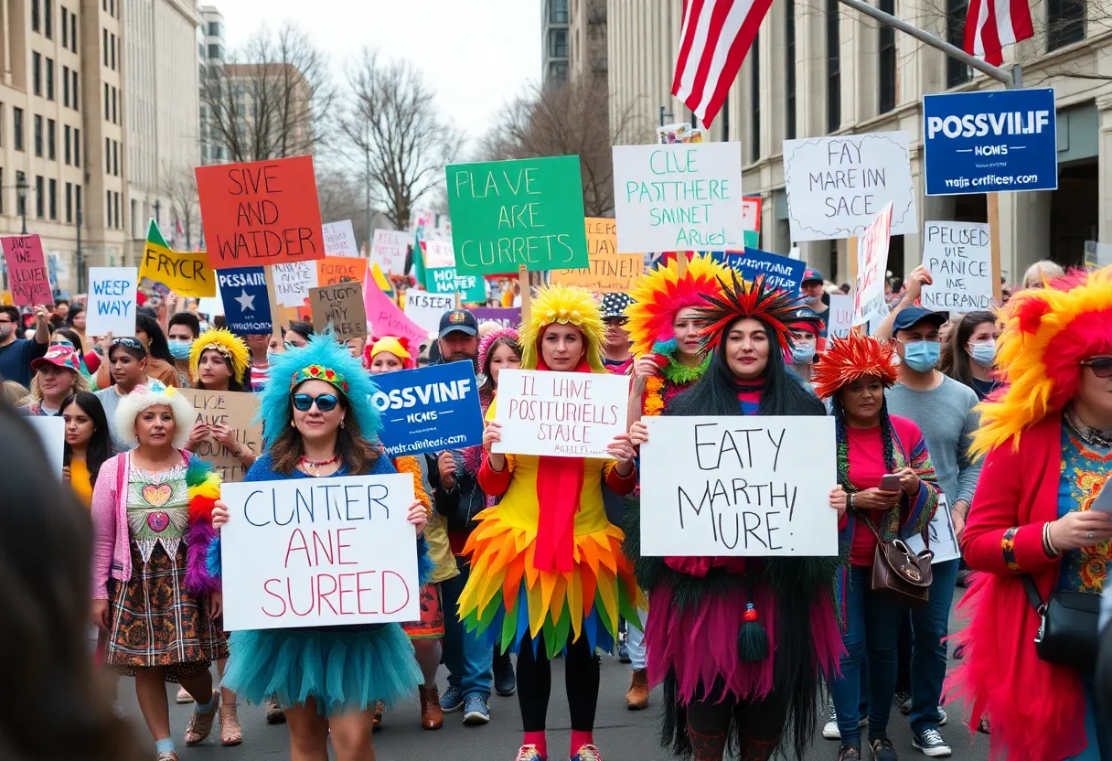 Colorful rally participants at the No Kings protest in Raleigh, showcasing signs and costumes.