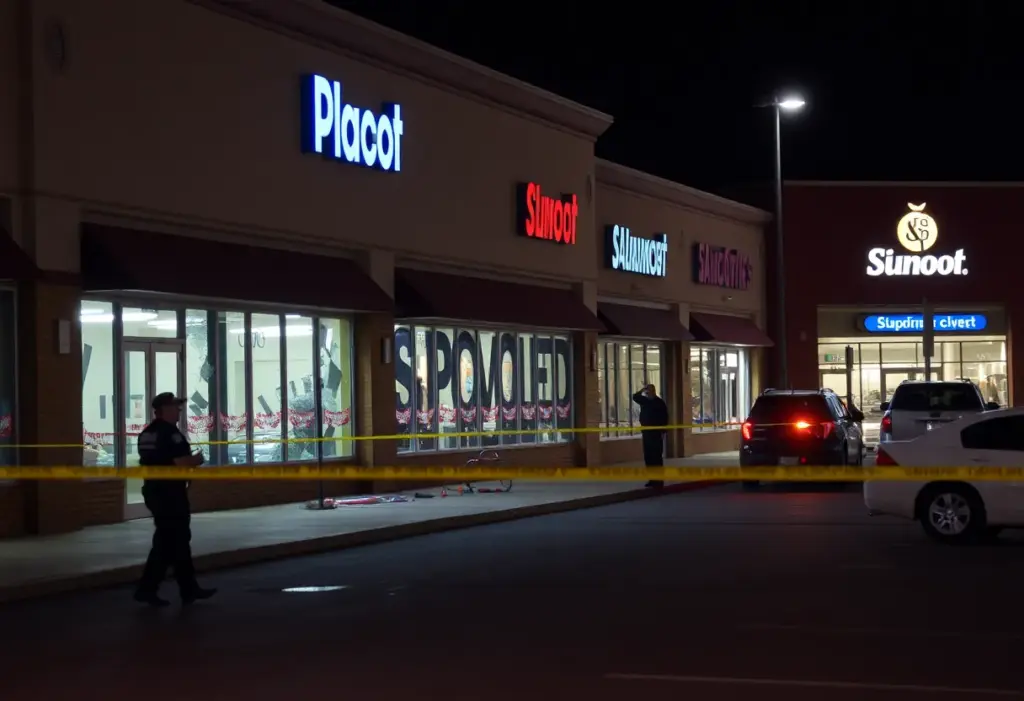 Shattered windows at the Spectrum store after gunfire incident