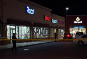 Shattered windows at the Spectrum store after gunfire incident