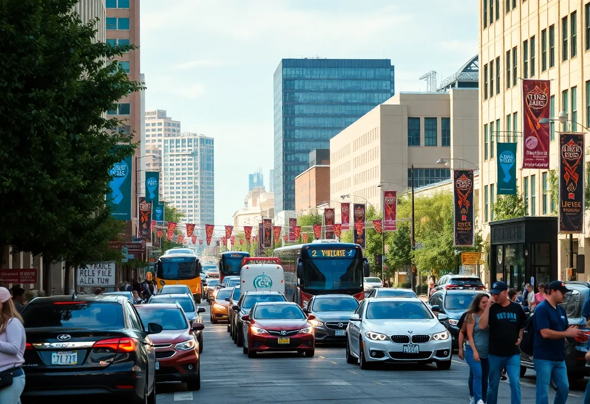 Heavy traffic congestion in downtown Raleigh, North Carolina.