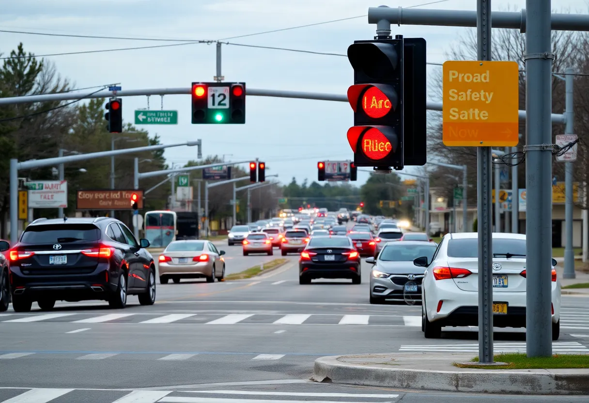 Traffic intersection in Raleigh, emphasizing safety on the road.