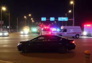 Scene of a pedestrian car crash on Capital Boulevard in Raleigh with emergency services present.