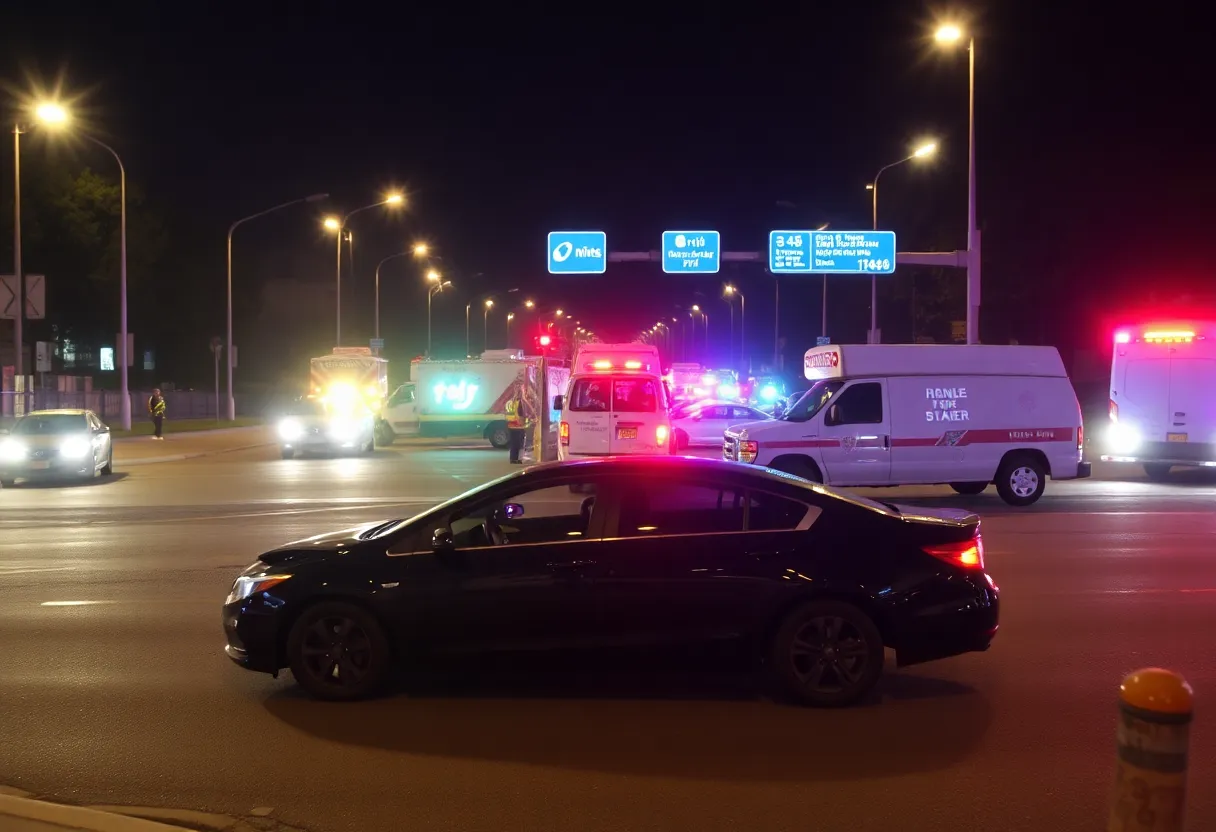 Scene of a pedestrian car crash on Capital Boulevard in Raleigh with emergency services present.