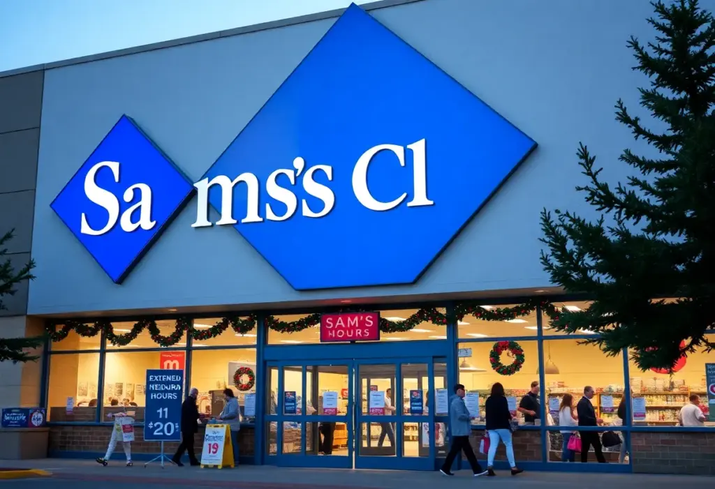 Sam's Club store decorated for the holidays with extended hours sign.