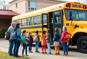 A school bus in a parking lot with parents and students nearby discussing transportation.