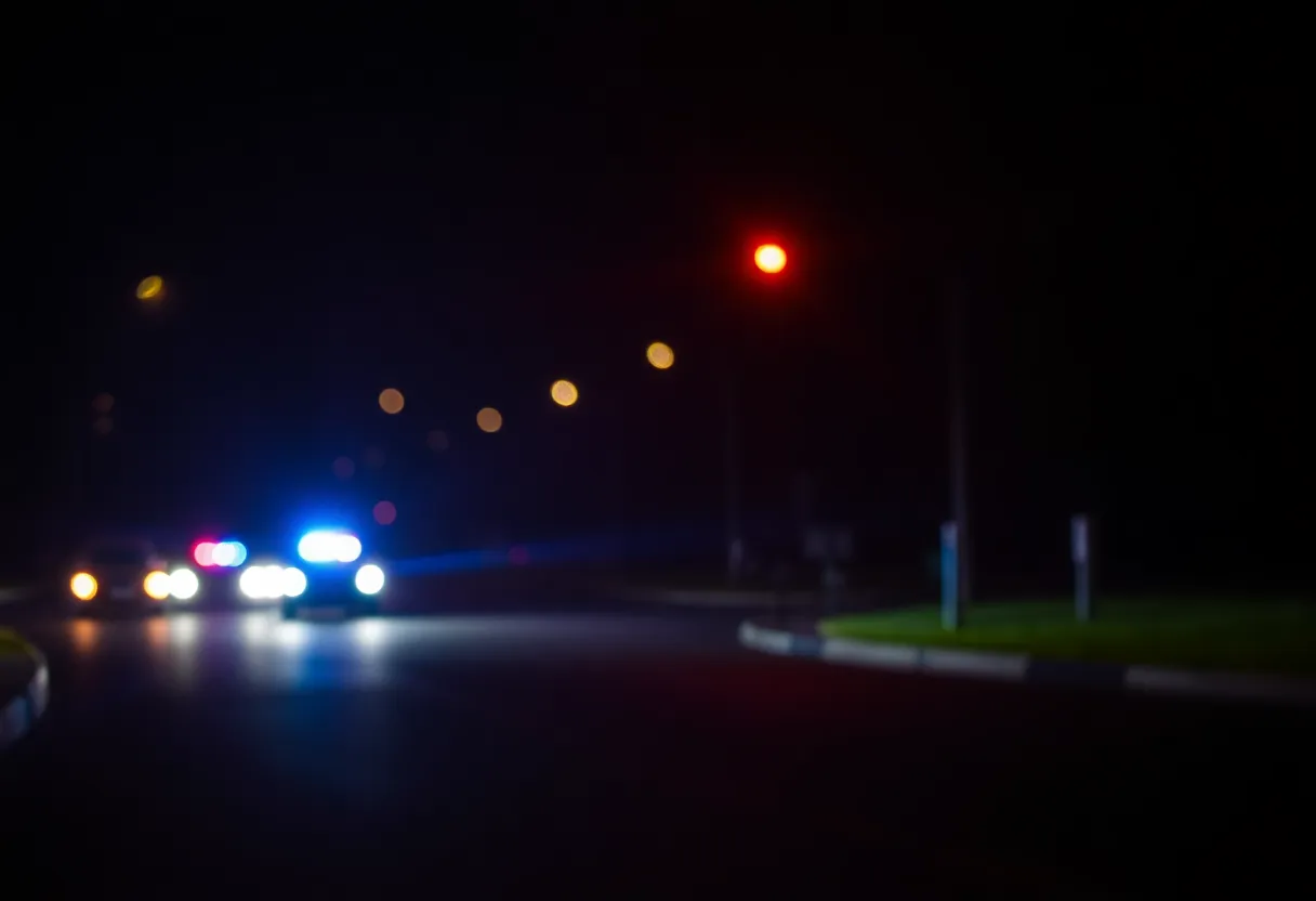 Police lights at night on a dark street