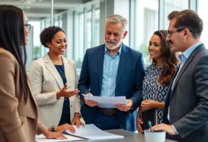 Group of small business owners collaborating on retirement planning strategies in an office setting.