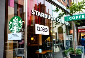 A Starbucks storefront with a closure sign