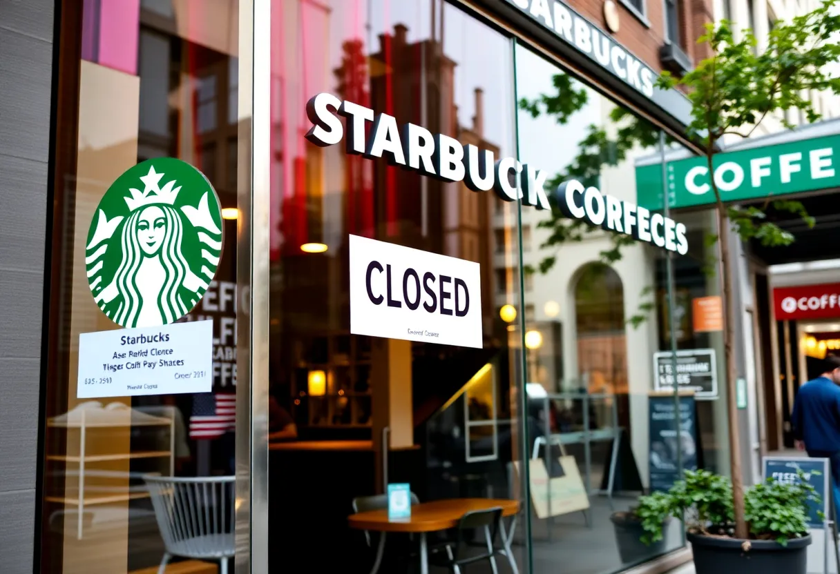 A Starbucks storefront with a closure sign